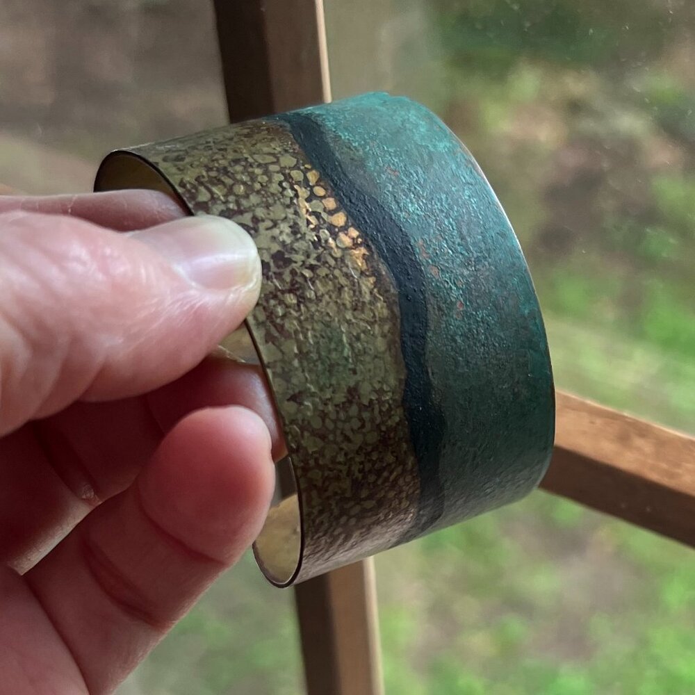 Vintage Sundance Catalog Teal, Black and Gold Metal Cuff Bracelet, One Size